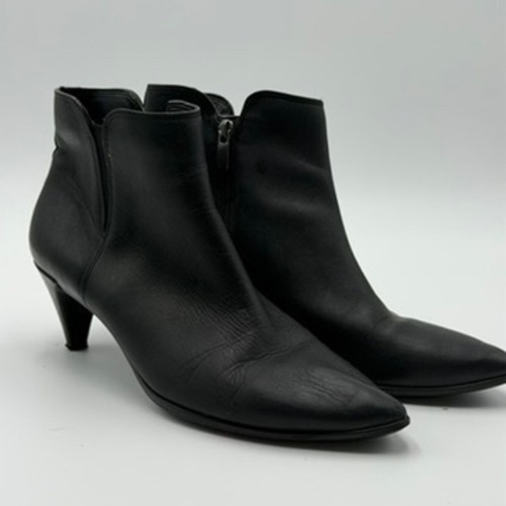 ECCO Leather Ankle Boots Women 41 Black Good Kitten Heel Pointed Toe Zipper